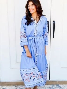 Light Blue Embroidered Maxi Dress with Tie Waist NWT